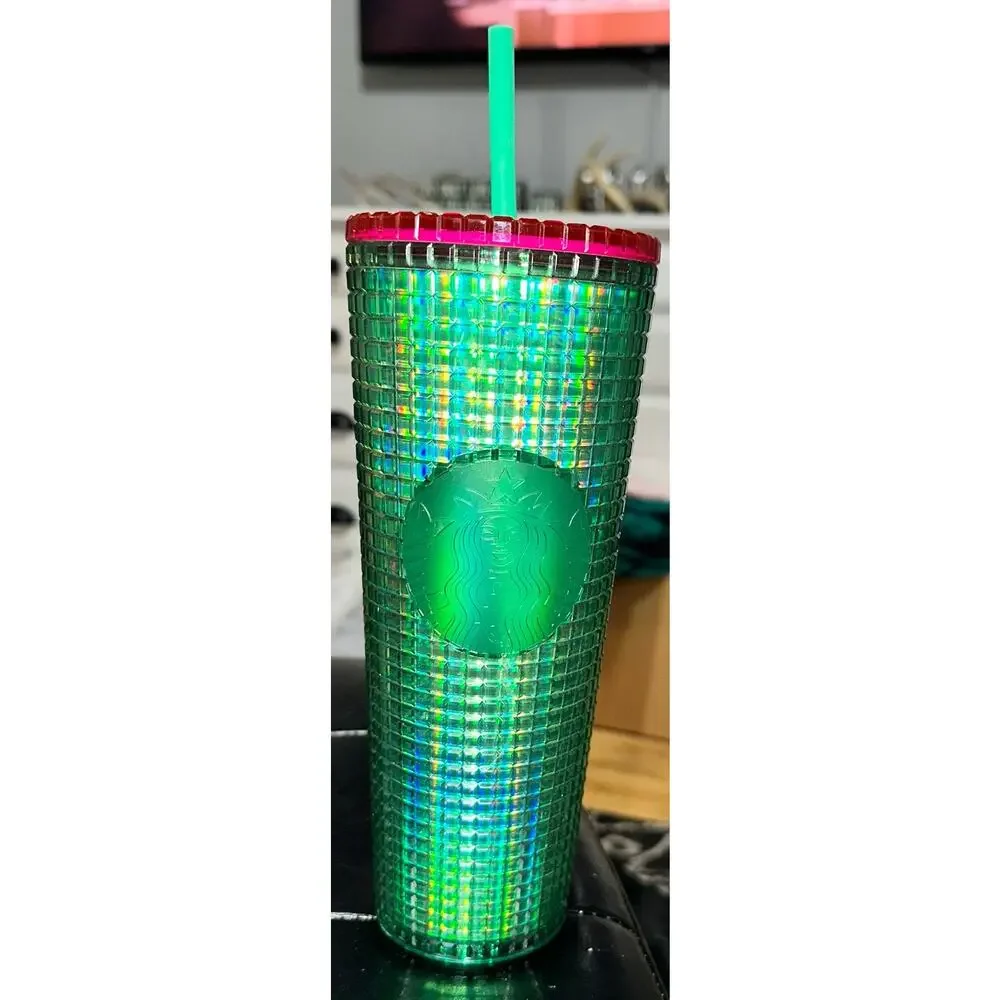 Starbucks Spring 2023 Watermelon Grid Green Pink Lid 24oz Cold Cup Tumbler